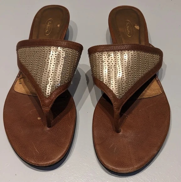 Brown and Gold Sequined Sandals - Picture 1 of 8